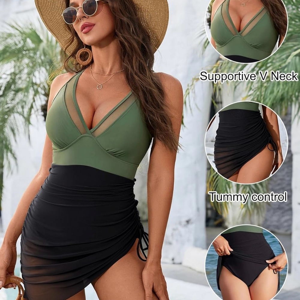 Elegant Olive and Black V-Neck One Piece Swimsuit